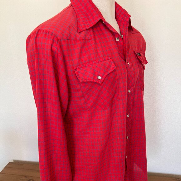 80's Western Wear Shirt - Snap Pearl Buttons Montgomery Wards - Red & Blue Check - Picture 5 of 9